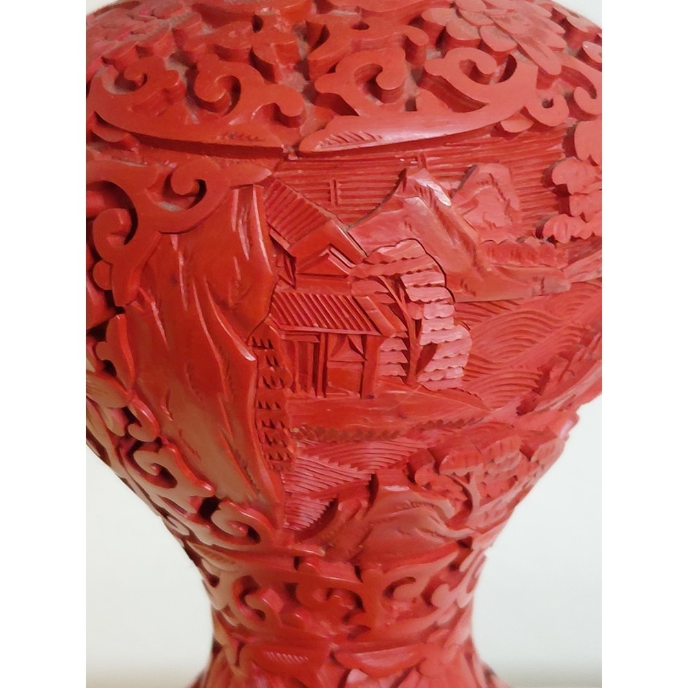 Vintage Chinese Cinnabar Style Carved Lacquer Vase Red Blue Enamel Interior - Picture 3 of 8